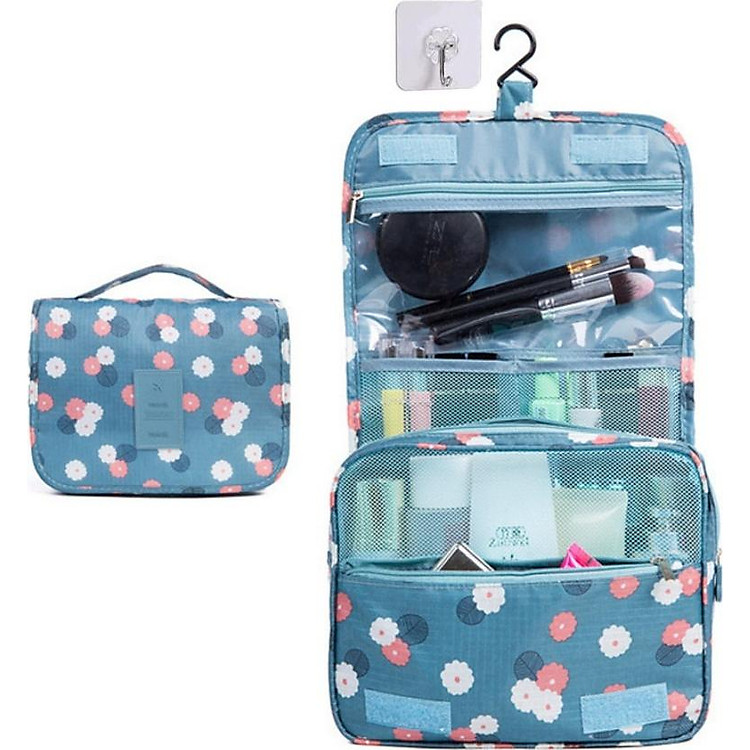 Túi đựng mỹ phẩm, đồ dùng cá nhân du lịch in họa tiết, có móc treo đứng, quai xách tặng kèm móc dán tường