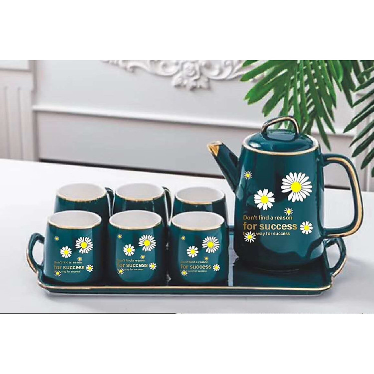 Bộ ấm chén kèm khay sứ pha trà cà phê Xanh cổ vịt họa tiêt hoa cúc xinh xắn - ANTH241