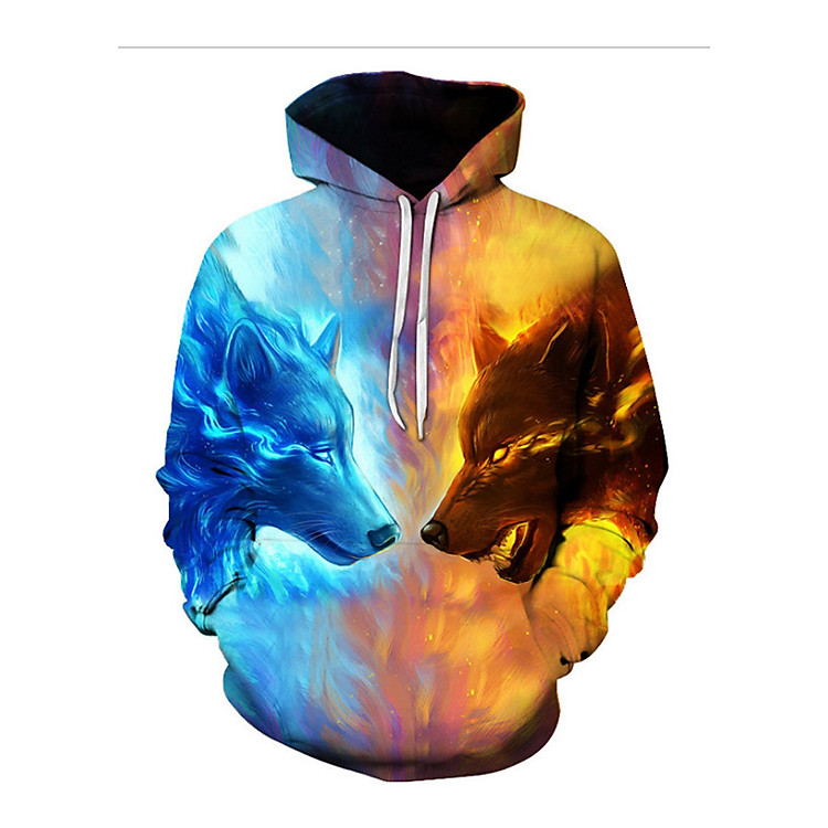 Áo Hoodie Nam 3D Hình 2 Con Sói Lửa - A3D12