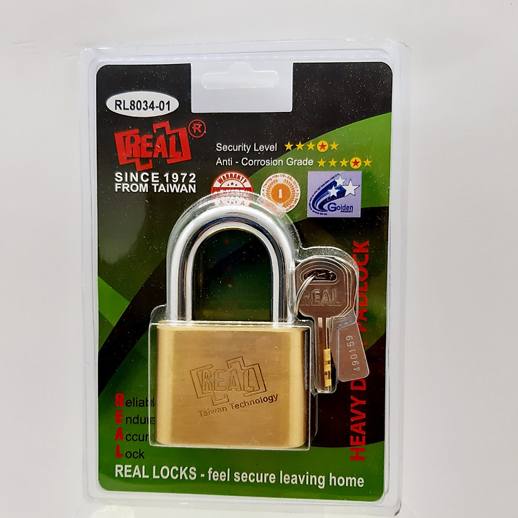 #RL8034-01 Khóa treo đồng bầu Real 60mm màu thau nguyên chất vĩ xanh xuất khẩu