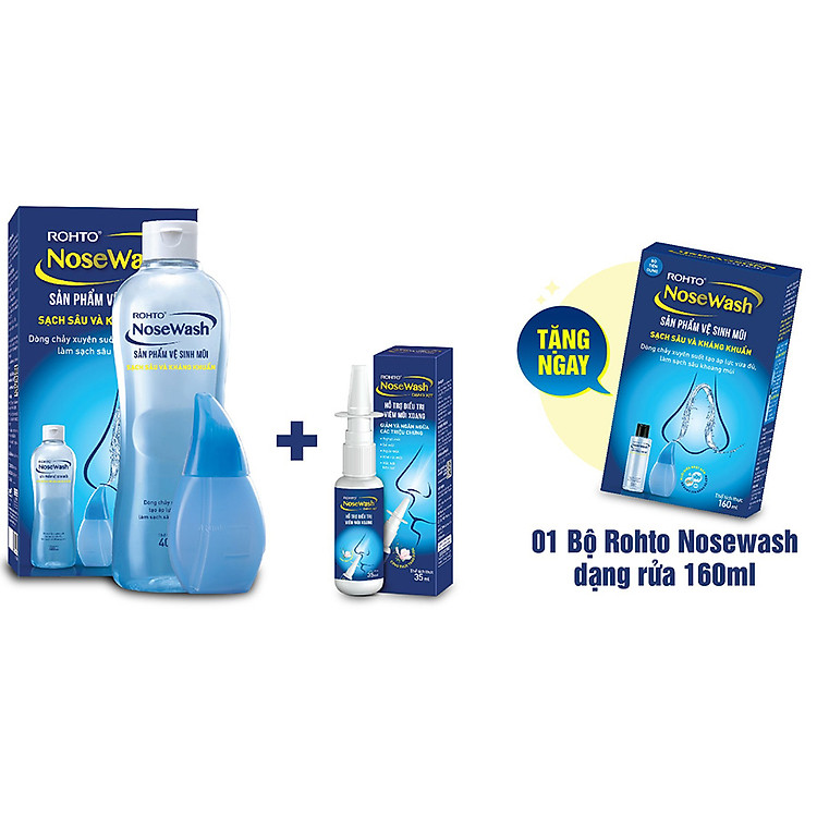 Bộ sản phẩm vệ sinh mũi Rohto NoseWash 400mL + Xịt hỗ trợ điều trị viêm mũi xoang Rohto NoseWash Spray 35ml + Tặng Bộ tiện dụng vệ sinh mũi Rohto NoseWash Miniset