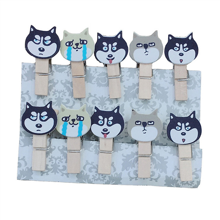 Set 10 Cái Kẹp Gỗ Sơn Design Pub hình Chó Husky (Tặng 1,5m dây cói)