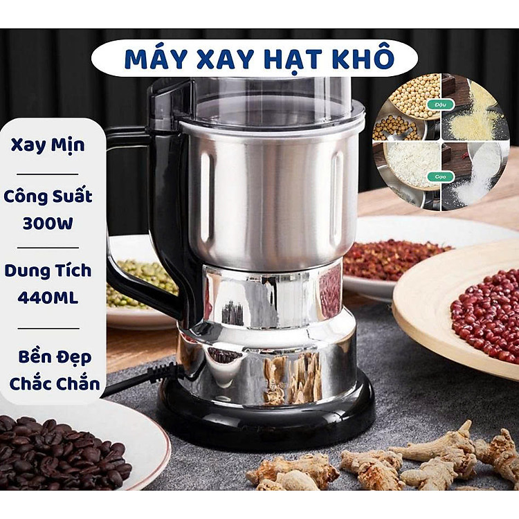 Máy Xay Hạt Khô Tiêu Chuẩn Châu Âu Máy Xay Ngũ Cốc Mini Công Suất 300w Lưỡi Dao 6 Cánh Thân Máy Bằng Thép Không Gỉ - Hàng Loại 1 - Chính Hãng