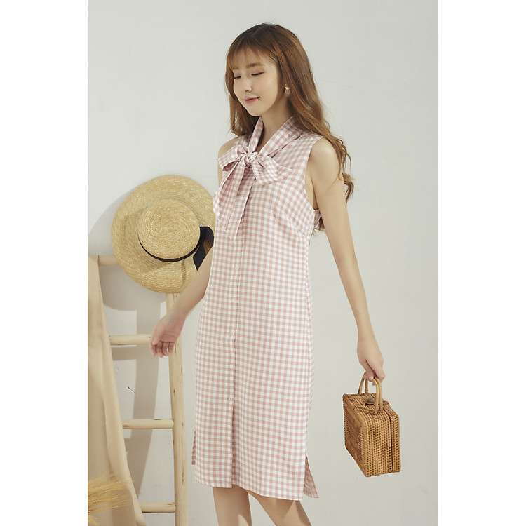 Đầm suông nữ GUMAC caro màu hồng thắt nơ dễ thương DA637