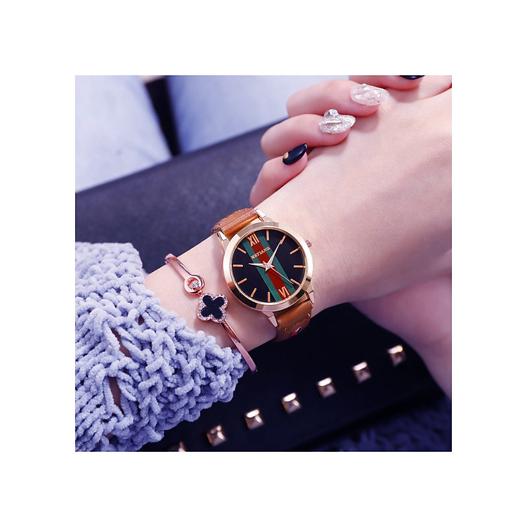 ĐỒng hồ nữ thời trang dây da mặt thiết kế cờ Ý nữ tính sang trọng quyến rũ phong cách