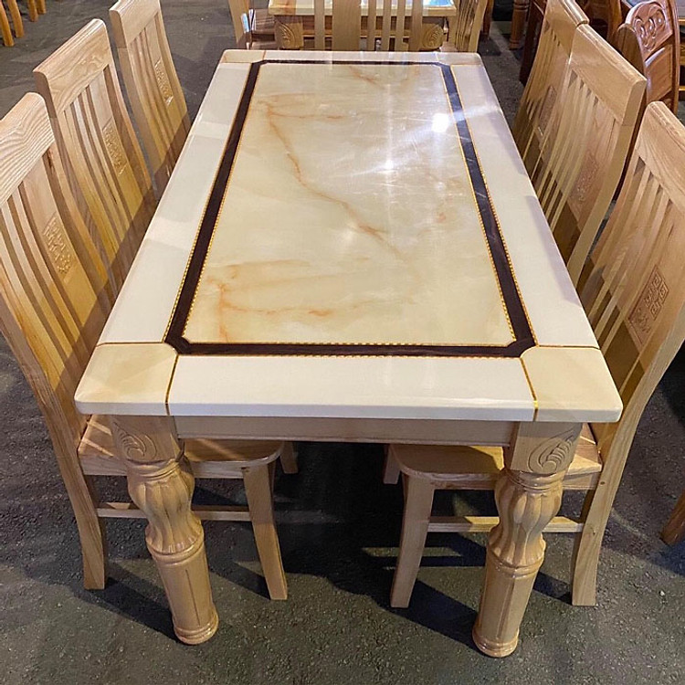 Bộ Bàn ăn gỗ sồi mặt đá Granite 6 ghế hàng chuẩn xuất khẩu