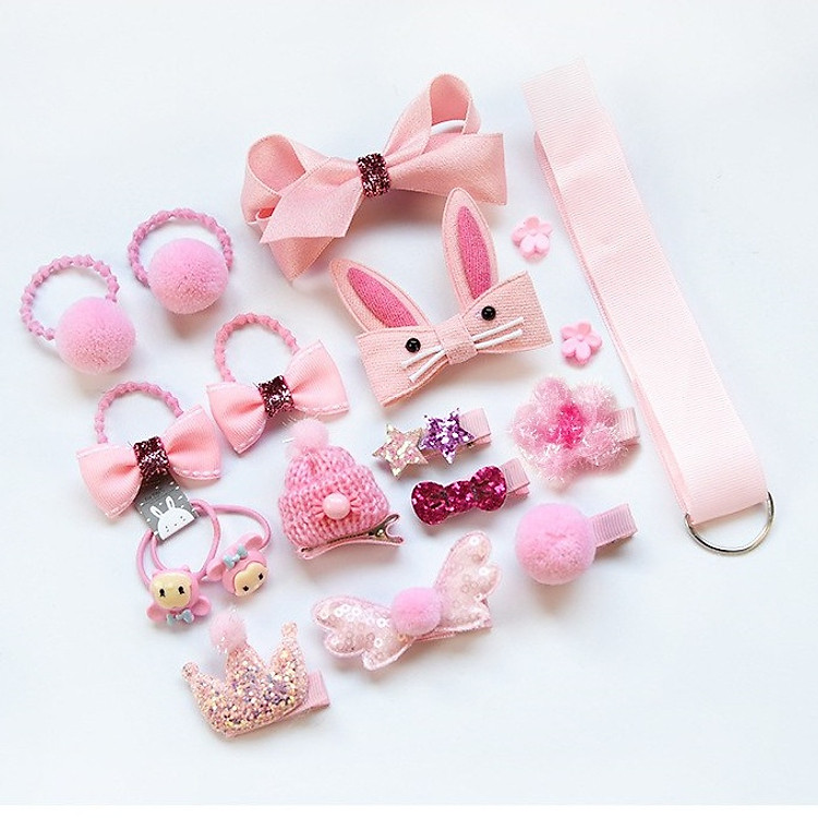 Hộp quà 18 món cột tóc, kẹp tóc nhiều kiểu dễ thương cho bé gái làm quà sinh nhật - Tặng túi voan dây rút