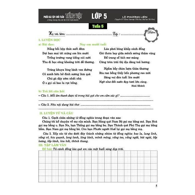 Phiếu Bài Tập Cuối Tuần Tiếng Việt Lớp 5