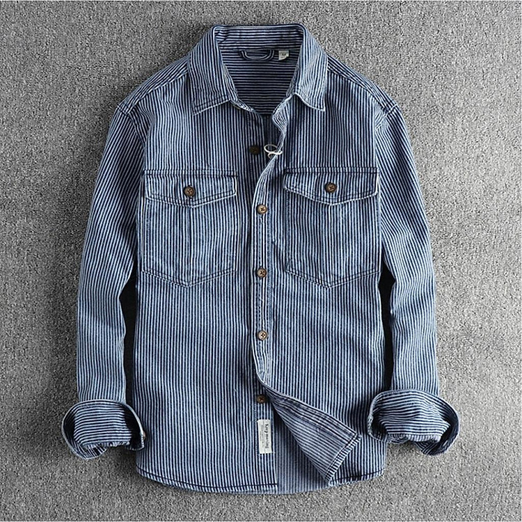Áo sơ mi denim sọc phong cách Retro_Biker_Army