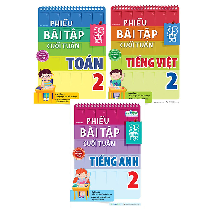 Combo Phiếu Bài Tập Cuối Tuần Toán + Tiếng Việt + Tiếng Anh Lớp 2 (35 Tuần Học) (Bộ 3 Cuốn) (MEGA)