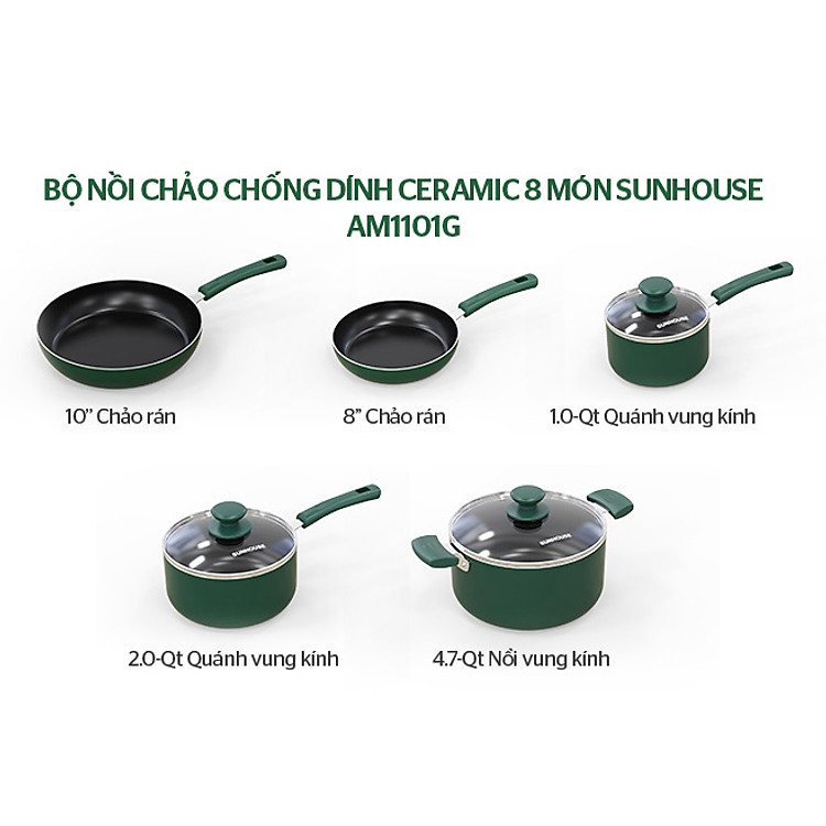 Bộ nồi chảo chống dính Sunhouse cao cấp AM1101G 8 món - Tiêu chuẩn Mỹ ( 1 chảo size 20cm, 1 chảo size 20cm, 1 quánh size 16cm , 1 quánh 20cm , 1 nồi size 24cm , 3 vung nồi các size 16/20/24cm)