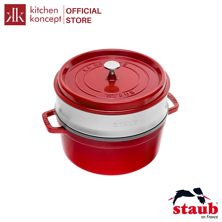 Nồi Gang STAUB Tròn Kèm Xửng Hấp - Màu Đỏ Cherry/Xanh Rêu/Xanh Đen
