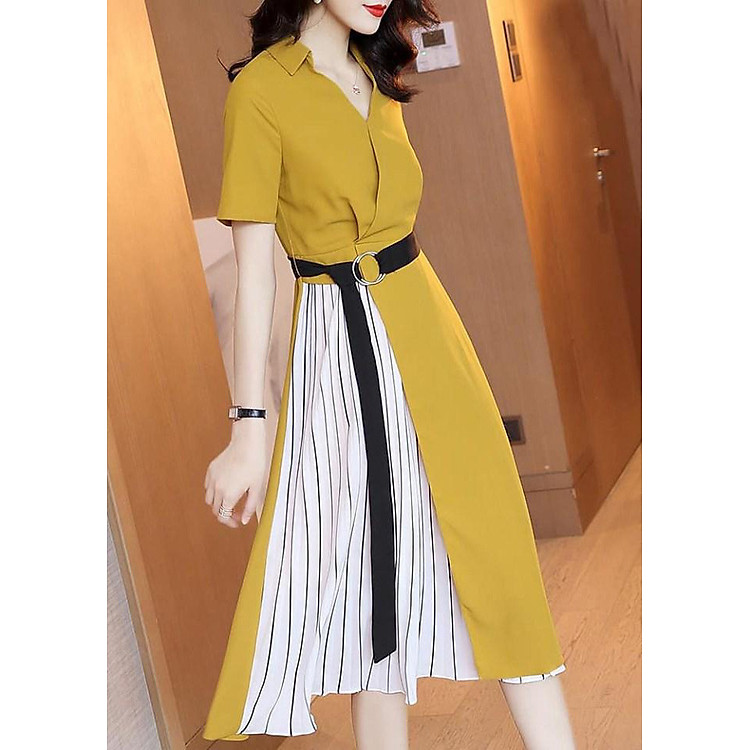 Đầm phối sọc cổ V KZV001
