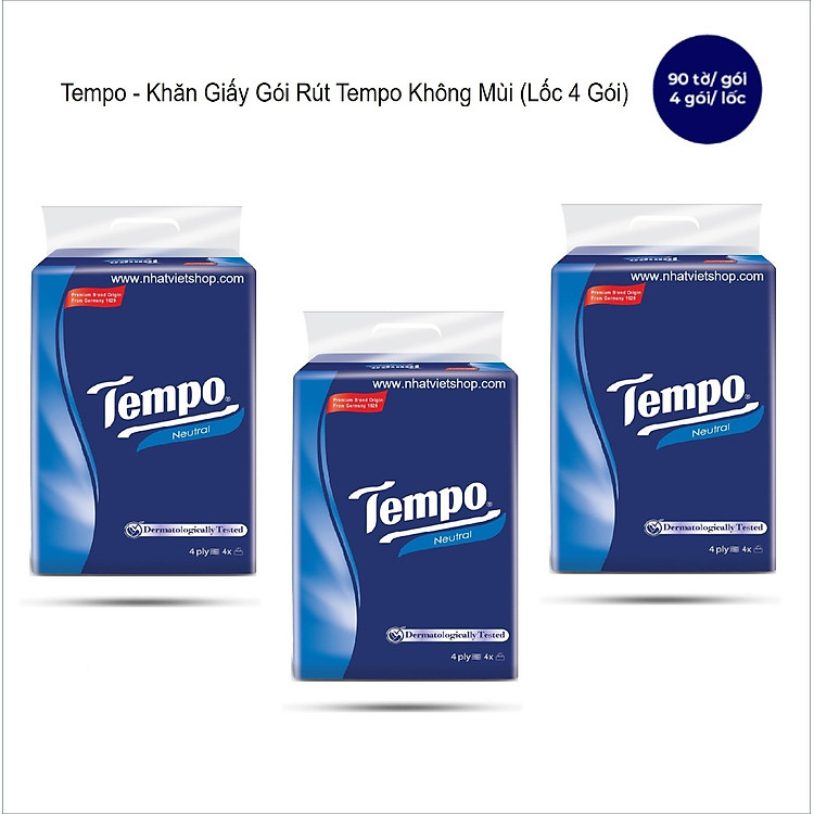 Tempo - Khăn Giấy Gói Rút Không Mùi - Softpack Neutral 4 Lớp (90 Tờ/1 Gói) Loại Lốc 4 Gói