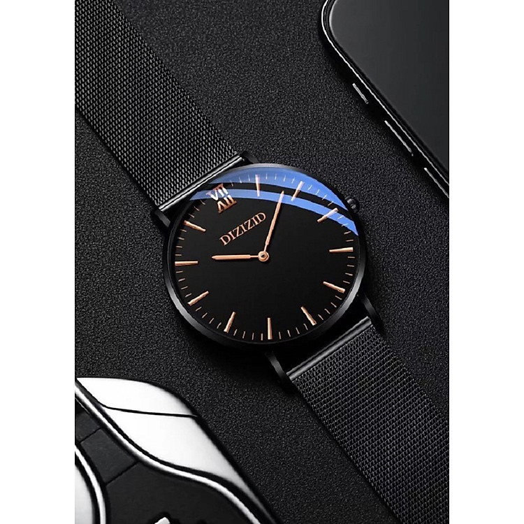 Đồng hồ nam DIZIZID mặt siêu mỏng mẫu HOT dây thép lụa đen cao cấp DZ2K