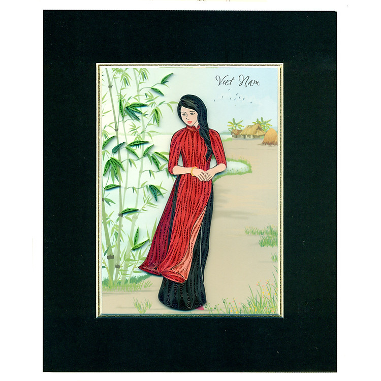 Tranh Giấy Xoắn Nghệ Thuật size 20x25cm - Cô Gái Bên Tà Áo Dài Đỏ.