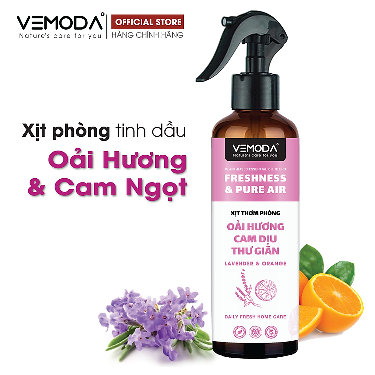 Bình Xịt phòng tinh dầu Sả Chanh, Bạc hà, Quế, Bạch đàn chanh Vemoda giúp hỗ trợ đuổi muỗi, thơm phòng nhanh chóng. Chai xịt hỗ trợ đuổi muỗi từ tinh dầu thiên nhiên