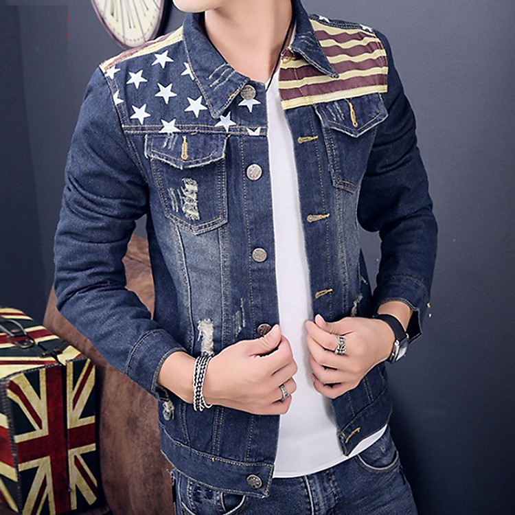 Áo khoác jeans nam vai phối vải, thời trang phong cách trẻ