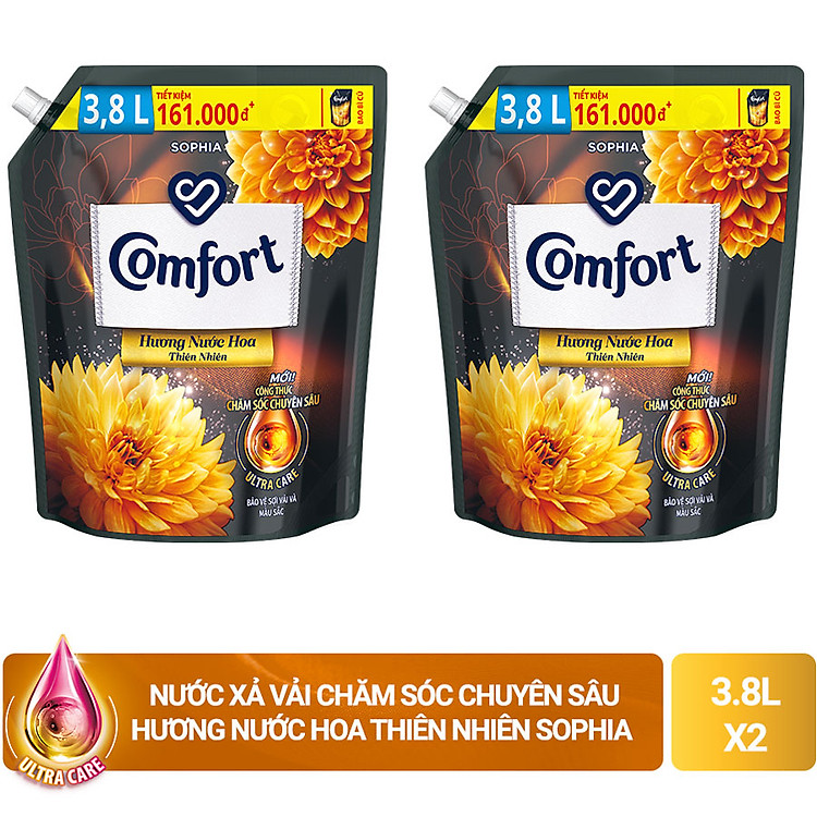 Combo 2 Nước Xả Vải Comfort Thơm Mát Gấp 10 Lần/Hương Nước Hoa 100 Giờ Lưu Hương - Hương Tinh Tế Túi 3.7L