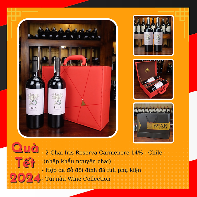 Hộp sơn mài wine đỏ 2 chai rượu vang Iris Reserva Carmenere