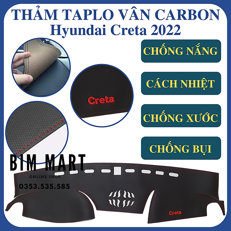 Thảm da taplo dành cho Hyundai Creta 2022 vân Carbon cao cấp