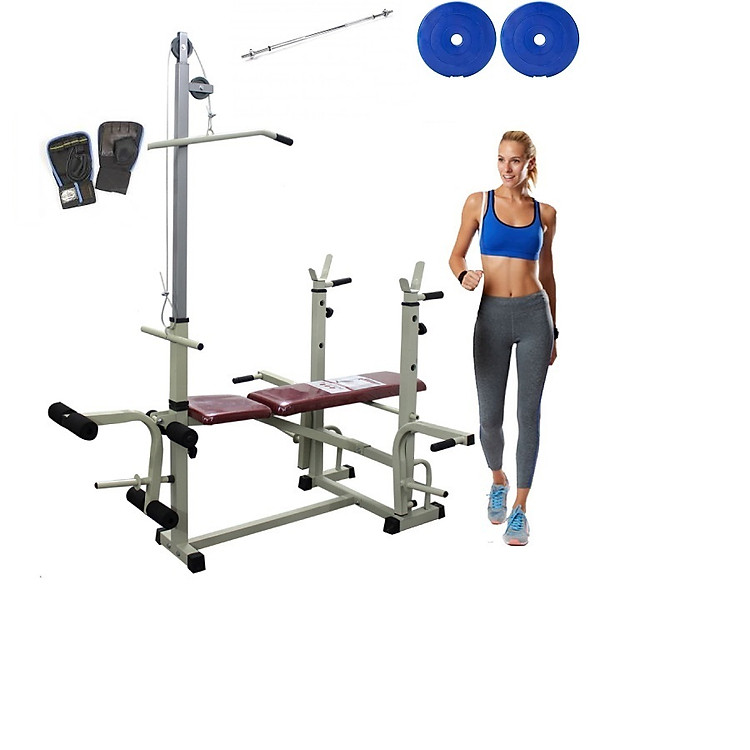 Giàn tạ đa năng 2014 kèm 50kg tạ nhựa , đòn tạ 1m5, 1 găng tay tập tạ