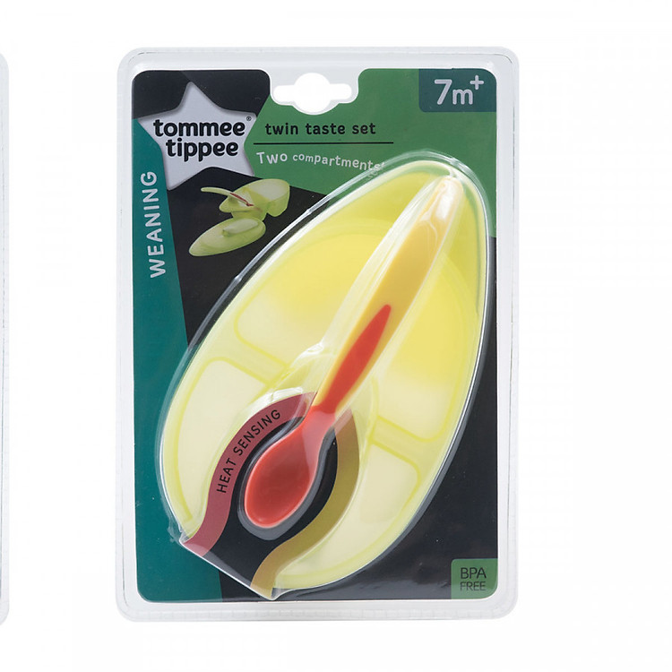 Bát ăn dặm hai ngăn có nắp kèm thìa báo nhiệt Tommee Tippee từ 7 tháng - Twin Taste - Xanh lá