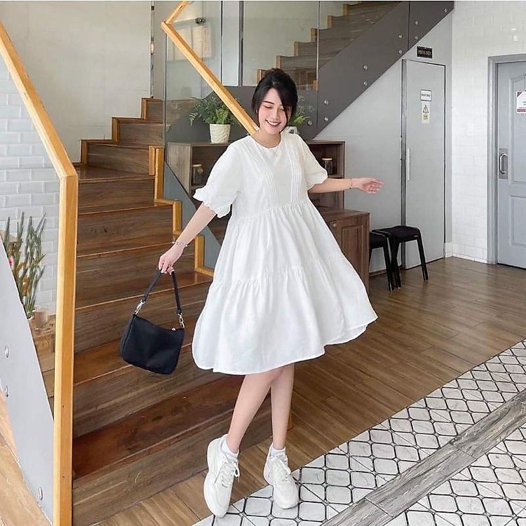 Đầm bầu trắng Babydoll xinh xắn, váy bầu kèm hình thật