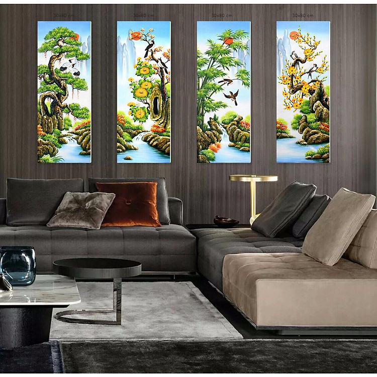 Tranh dán tường bộ tứ quí Tùng Cúc Trúc Mai 30 x 80 cm