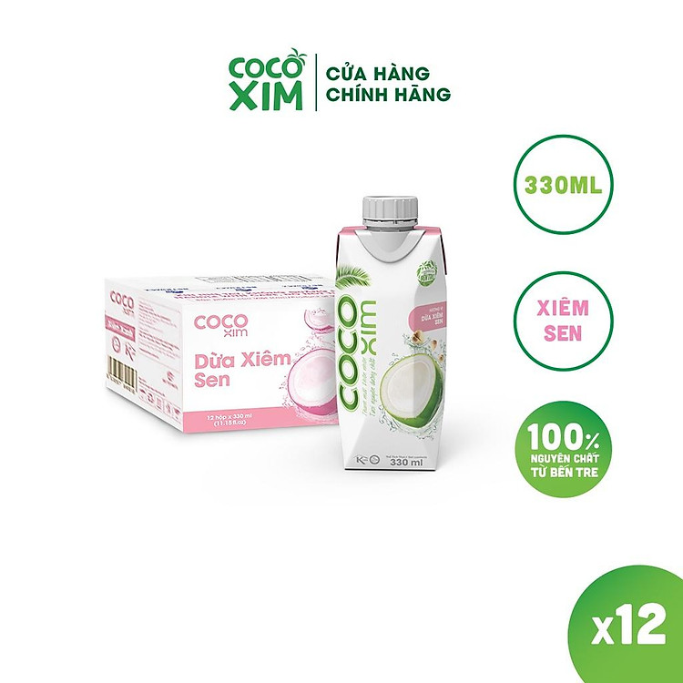 Thùng 12 Hộp Nước Dừa Xiêm Sen Cocoxim 330ml