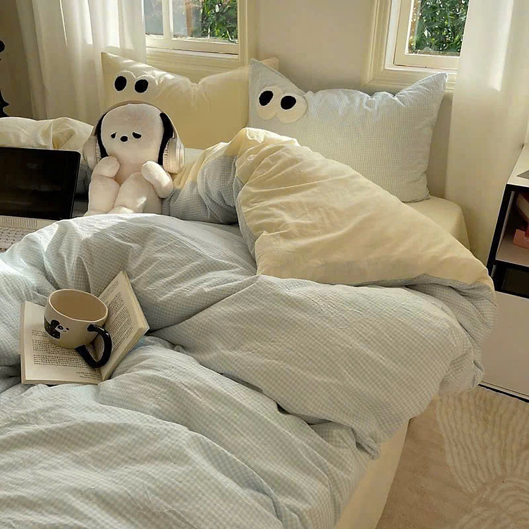 Bộ vỏ chăn ga gối cotton tici LIDACO họa tiết kẻ đôi mắt hiện đại bo chun đủ mọi cỡ nệm