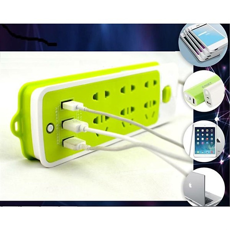 Ổ Cắm Điện Đa Năng Thông Minh Chống Giật 6 Lỗ Kèm 3 Cổng USB Tiện Dụng (Xanh)
