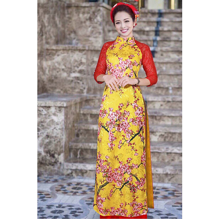 Áo Dài Truyền Thống Gấm Cao Cấp Phối Tay Ren