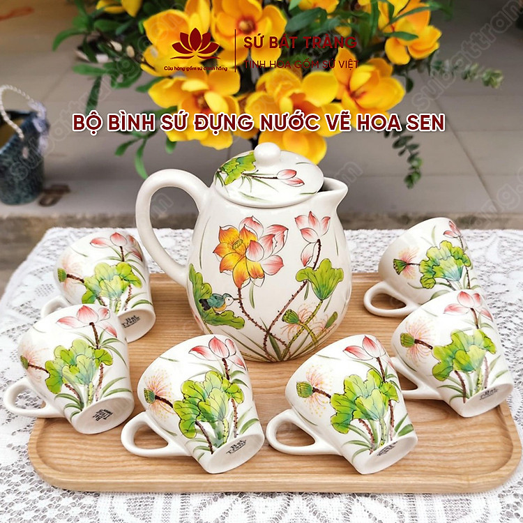Bộ bình sứ đựng nước vẽ hoa sen