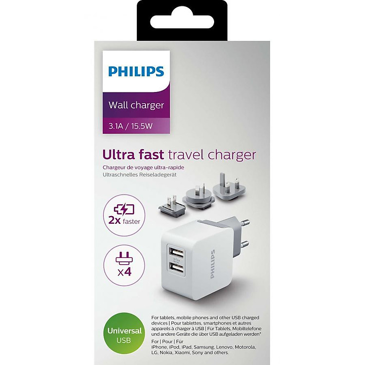 Bộ sạc du lịch Philips DLP2220 tích hợp 2 cổng USB - Hàng Chính Hãng