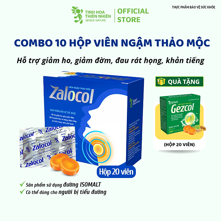 Combo 10 hộp viên ngậm ho thảo mộc Zalocol Hỗ trợ giảm đờm, giảm đau rát họng, khản tiếng do viêm họng, viêm phế quản (Hộp 20 viên) tặng túi gừng- Genat