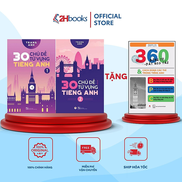 Sách Combo 30 Chủ đề từ vựng Tiếng Anh, 4000 từ vựng, 2000 câu hỏi trắc nghiệm, tiếng anh cô Trang Anh, 2HBooks