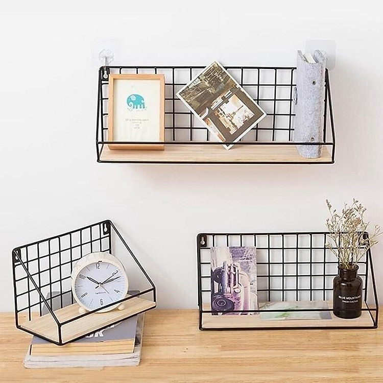 Kệ Sắt Treo Tường Đáy Gỗ,Kệ Trang Trí Nhà Cửa Decor Phòng,Giá Để Đồ Treo Tường(Tặng Đinh 4 Chân)