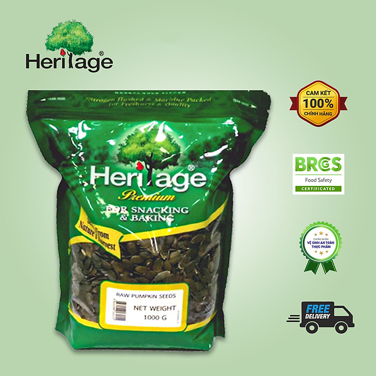 Hạt Bí Đã Tách Vỏ Heritage thực phẩm chống trầm cảm, giàu chất chống Oxy hóa, hỗ trợ tốt cho bệnh tiểu đường - RAW PUMPKIN SEEDS gói 1kg