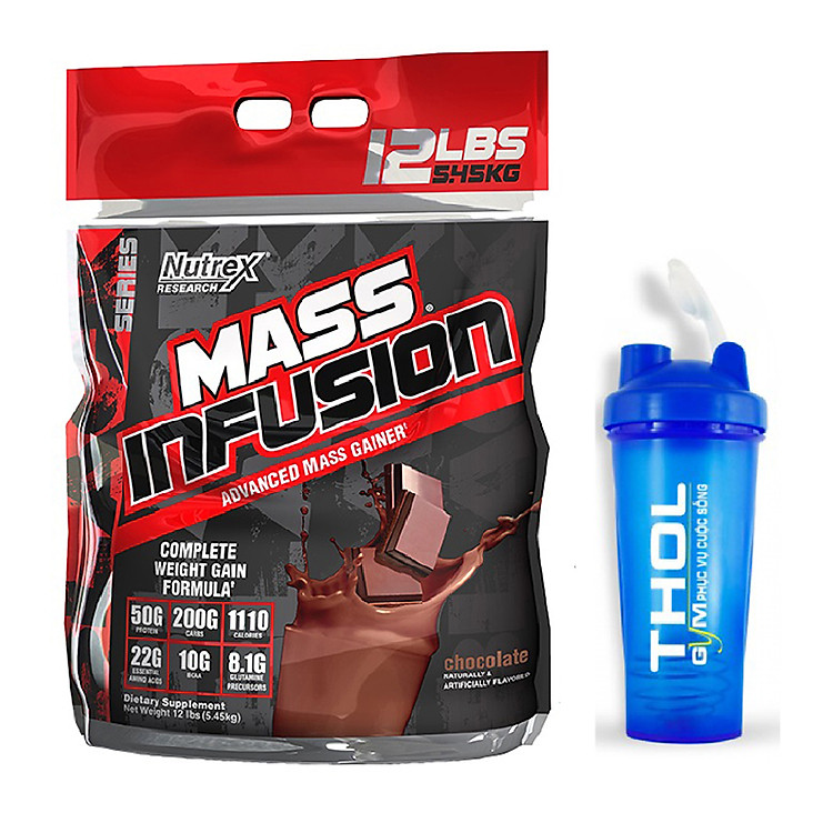 Combo Thực Phẩm Chức Năng Sữa tăng cân tăng cơ Mass Infusion của Nutrex hương Chocolate bịch Lớn 5.45kg hỗ trợ tăng cân, tăng cơ nhanh cho người gầy kén ăn, khó hấp thụ thức ăn & Bình lắc 600 ml (Màu Ngẫu Nhiên)