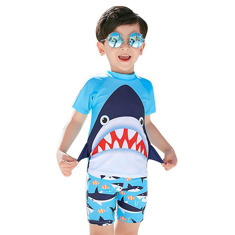 Bộ bơi bé trai 10-28kg kiểu áo cộc quần đùi hình cá mập kèm mũ bơi