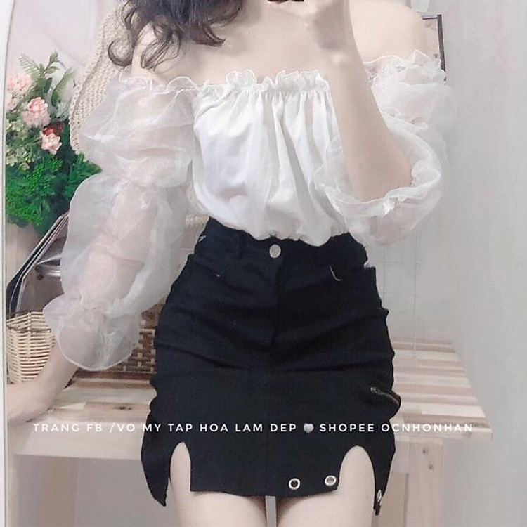 Set áo bẹt vai phối chân váy kaki