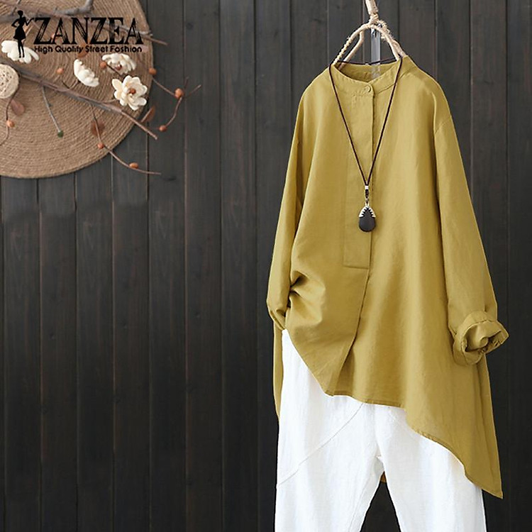 ZANZEA Plus Size Women Long Sleeve Buttons Shirt Tops Asym Irregular Hem Blouse Shirt