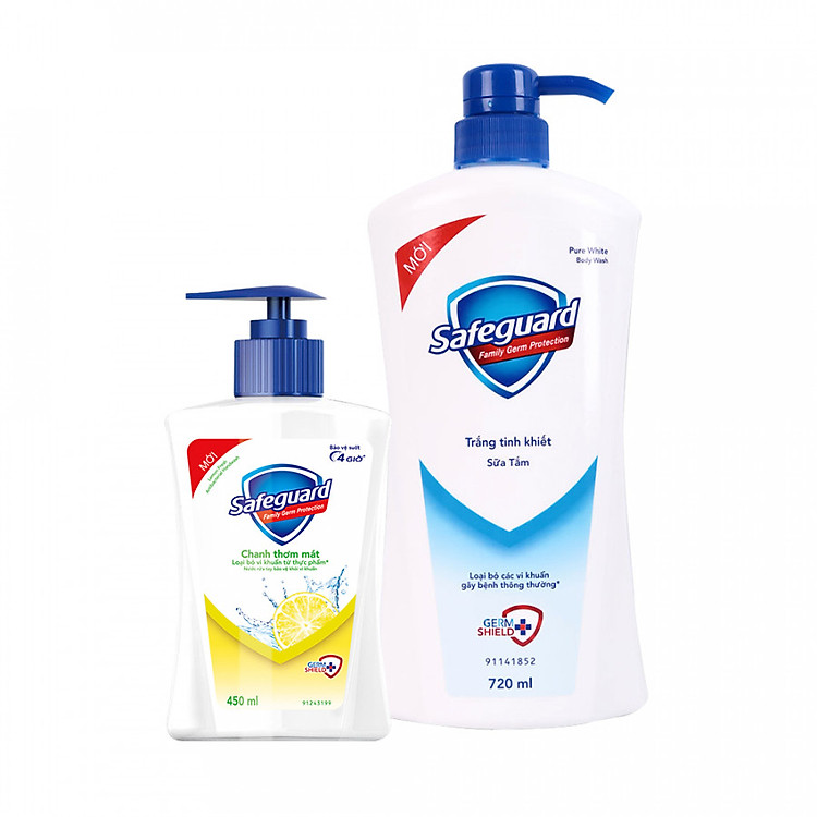Bộ 02 sản phẩm Safeguard bao gồm: "01 Sữa Tắm Diệt Khuẩn Safeguard Trắng tinh khiết (720ml) + 01 Sữa Rửa Tay Diệt Khuẩn Hương chanh (450ml)"