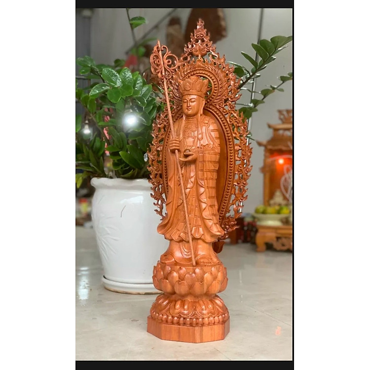 Tượng phật địa tạng vương bồ bồ tát bằng gỗ hương đá kt cao 50×15cm+ lá chắn hào quang cao tổng 60cm