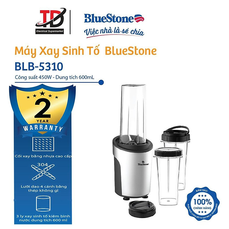 Máy xay Sinh Tố BlueStone BLB-5310,Công suất 450w - Kèm 3 Cối Xay Mang Đi, Hàng chính hãng
