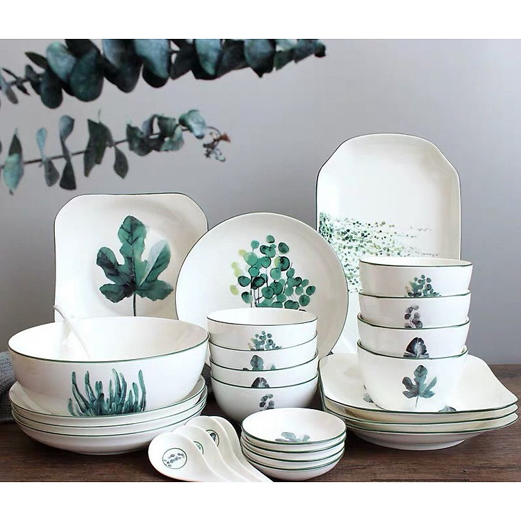 Combo 23 món chén bát đĩa hình chiếc lá đơn giản hiện đại chất liệu sứ dày tráng men