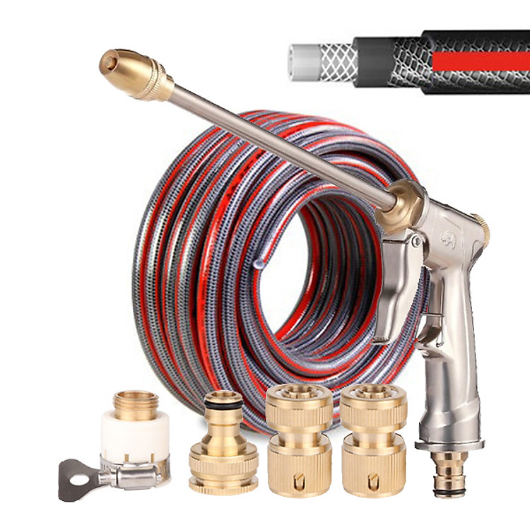 Combo vòi rửa xe tăng áp, vòi tưới cây LionKing 10 mét CU-RF10. Ống nước dài 10 mét kết cấu 5 lớp, chống gập, chống xoắn, vòi phun và các khớp nối bằng kim loại. Bộ sản phẩm phù hợp cho việc tưới cây, rửa xe và vệ sinh nhà cửa.