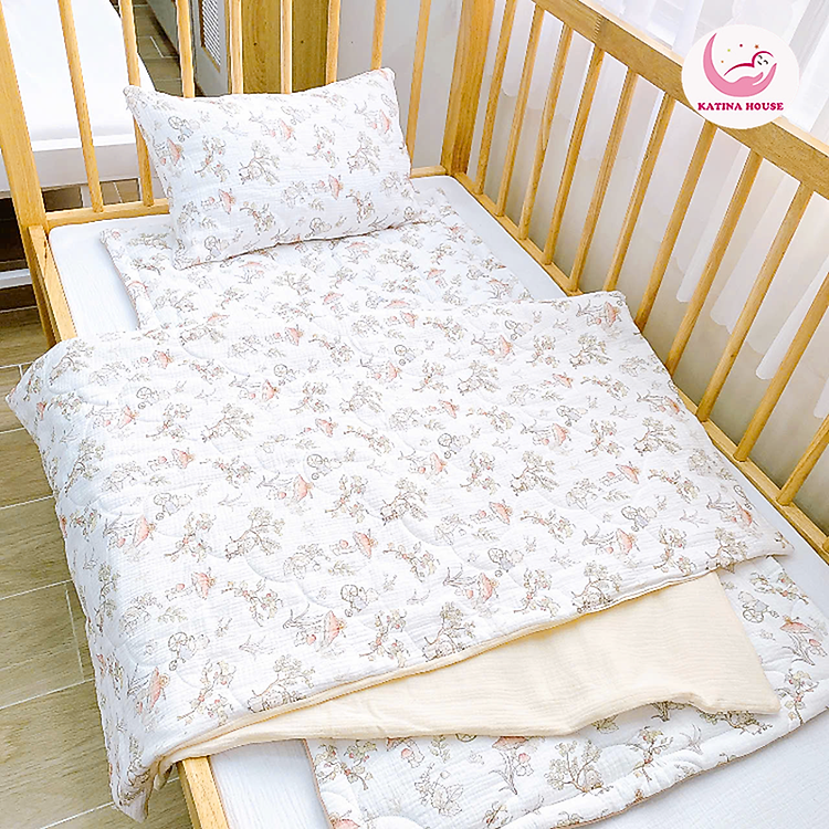 Bộ nệm gối chăn cho bé đi học Katina House, vải muslin mềm nhẹ, thoáng khí, thấm hút tốt
