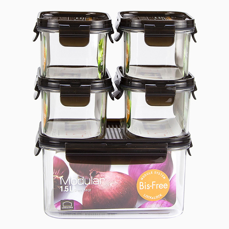 Bộ 5 Hộp Bảo Quản Hình Chữ Nhật Lock&Lock Bisfree Modular LBF402S5TK (LBF402 x 4, LBF405 x 1) - Nâu